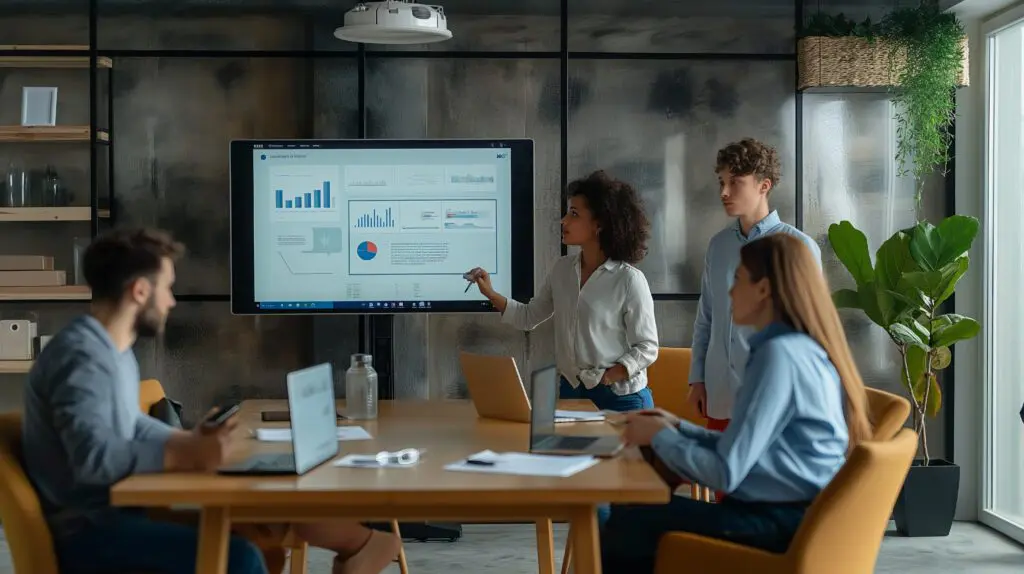 Celebrating small businesses across Illinois during Small Business Month with Comcast Business. IMAGE: a group of four employees around a table with laptops looking at presentation on a large screen.
