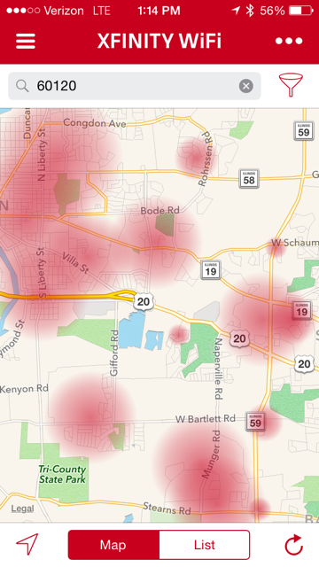 iOS Xfinity WiFi app for iPhone shows WiFi hotspots in Elgin.