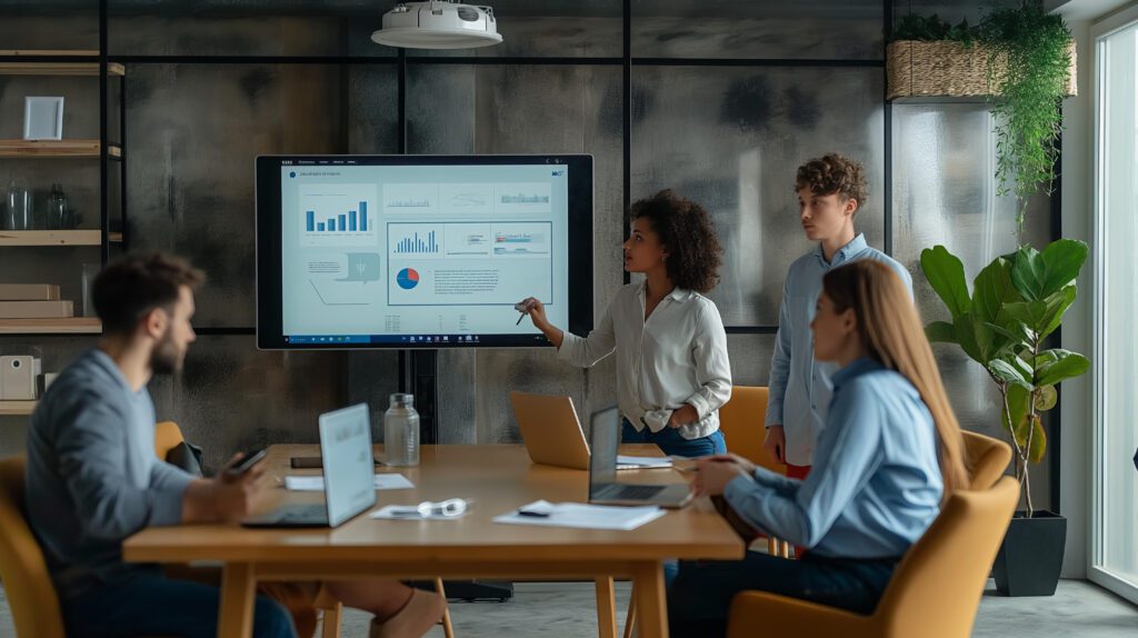 Celebrating small businesses across Illinois during Small Business Month with Comcast Business. IMAGE: a group of four employees around a table with laptops looking at presentation on a large screen.
