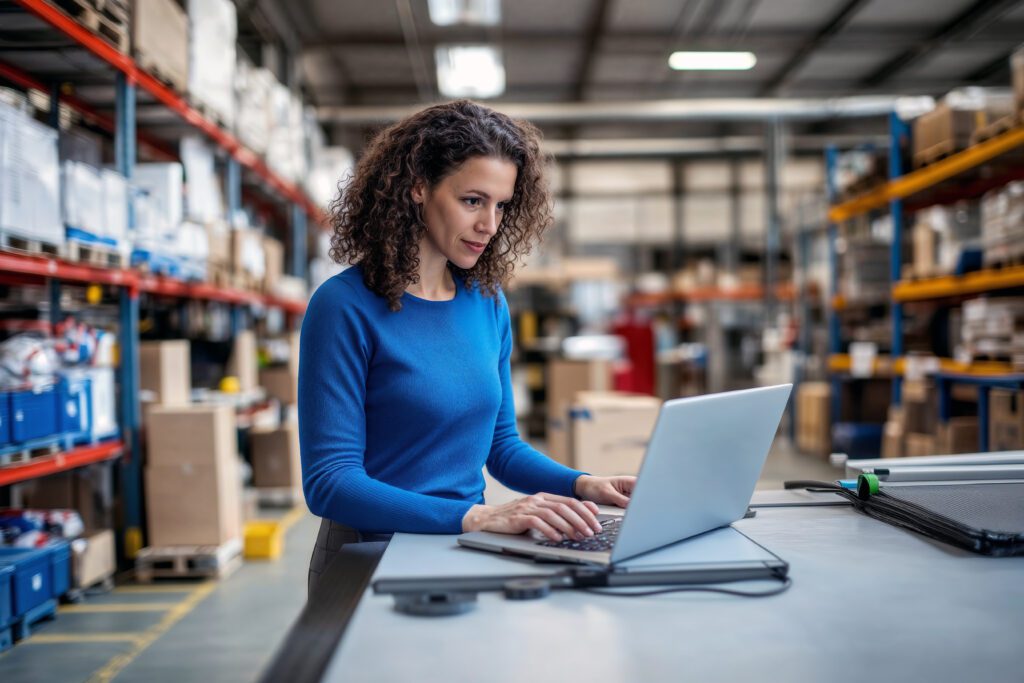 Celebrating small businesses across Illinois during Small Business Month. IMAGE: A young woman working on her laptop in a warehouse.